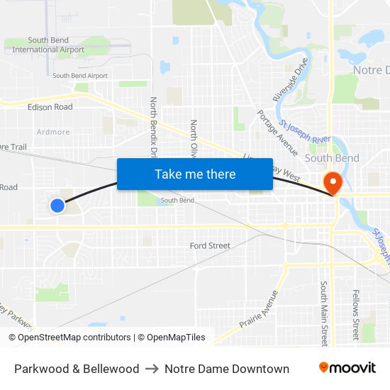 Parkwood & Bellewood to Notre Dame Downtown map