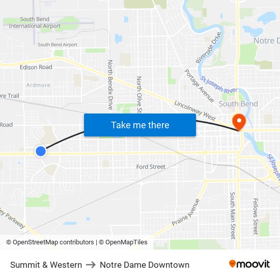 Summit & Western to Notre Dame Downtown map