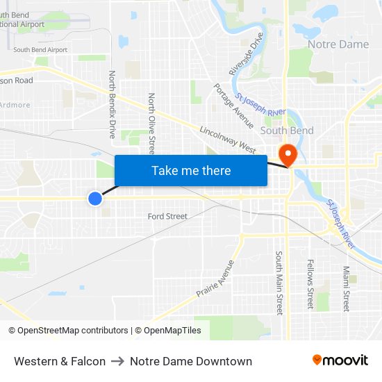 Western & Falcon to Notre Dame Downtown map