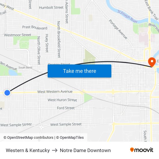 Western & Kentucky to Notre Dame Downtown map