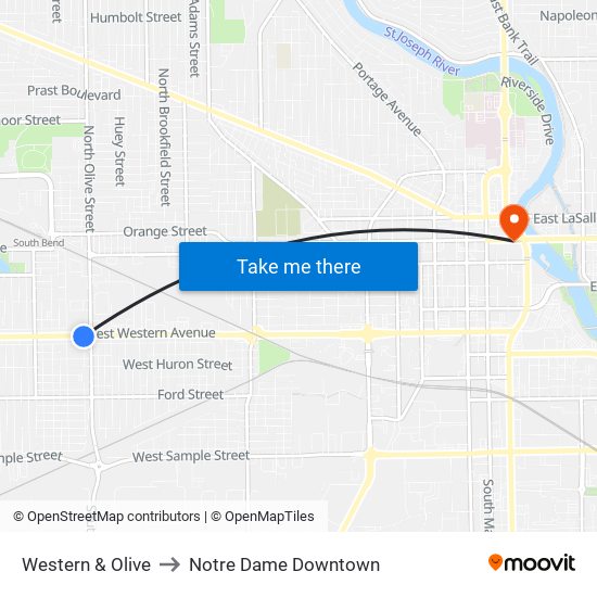 Western & Olive to Notre Dame Downtown map