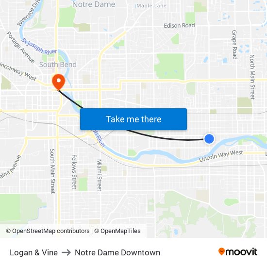 Logan & Vine to Notre Dame Downtown map