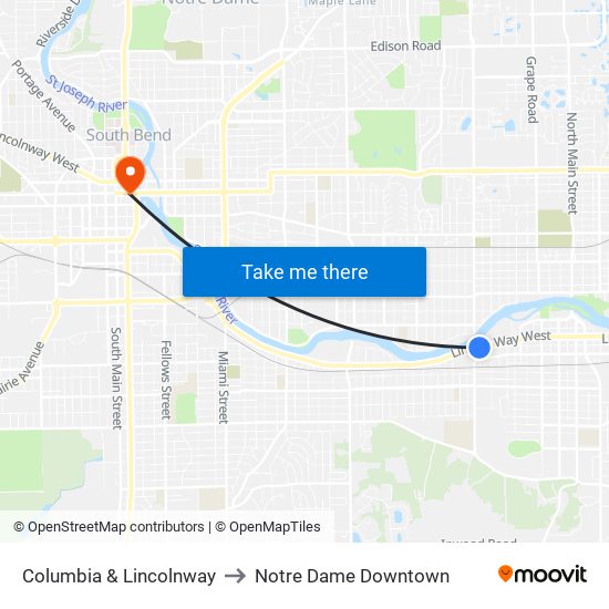 Columbia & Lincolnway to Notre Dame Downtown map