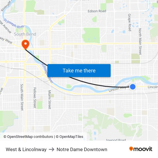 West & Lincolnway to Notre Dame Downtown map