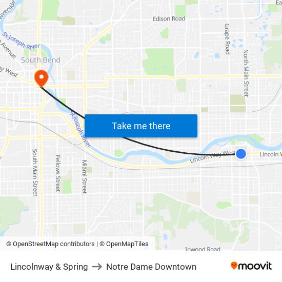 Lincolnway & Spring to Notre Dame Downtown map