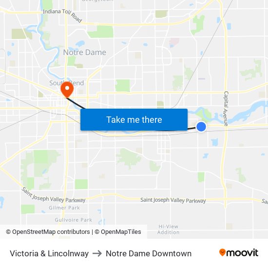 Victoria & Lincolnway to Notre Dame Downtown map