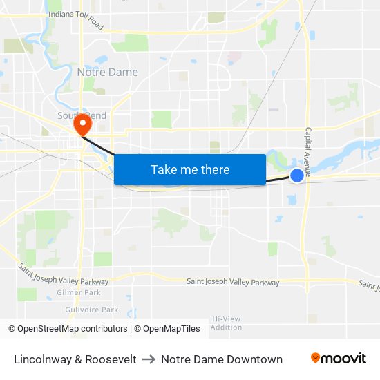 Lincolnway & Roosevelt to Notre Dame Downtown map