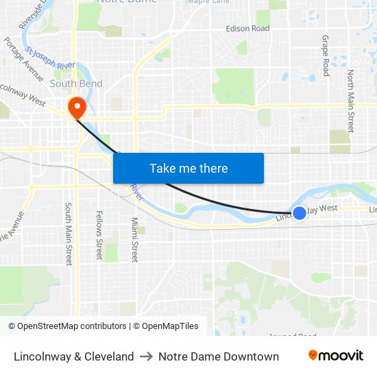 Lincolnway & Cleveland to Notre Dame Downtown map