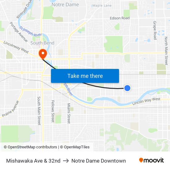 Mishawaka Ave & 32nd to Notre Dame Downtown map