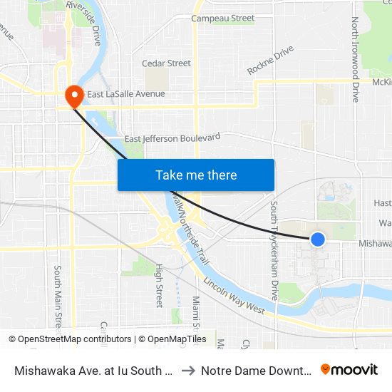 Mishawaka Ave. at Iu South Bend to Notre Dame Downtown map
