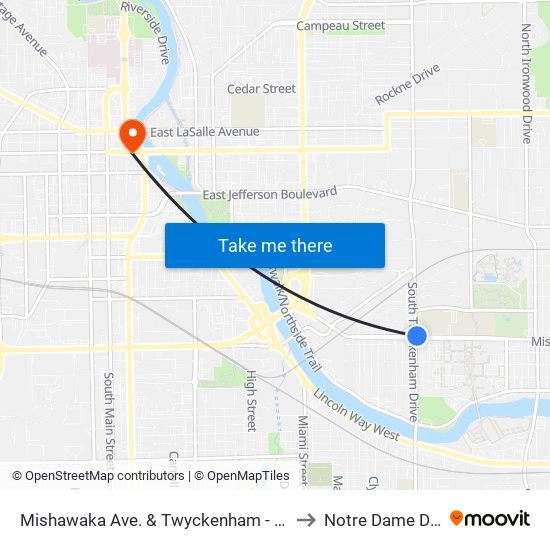 Mishawaka Ave. & Twyckenham - Adams High School to Notre Dame Downtown map