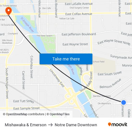 Mishawaka & Emerson to Notre Dame Downtown map