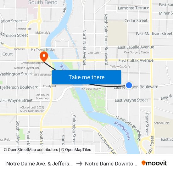 Notre Dame Ave. & Jefferson to Notre Dame Downtown map