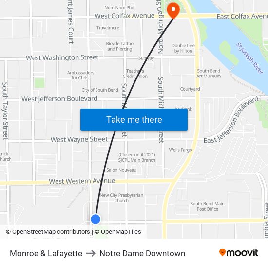 Monroe & Lafayette to Notre Dame Downtown map