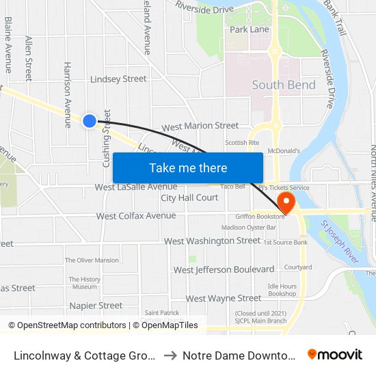 Lincolnway & Cottage Grove to Notre Dame Downtown map