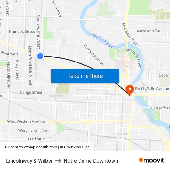 Lincolnway & Wilber to Notre Dame Downtown map