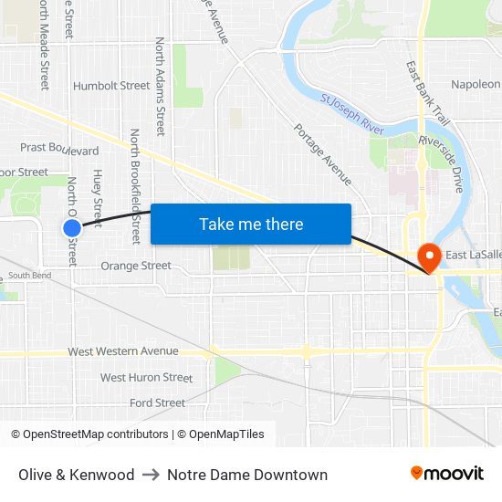 Olive & Kenwood to Notre Dame Downtown map