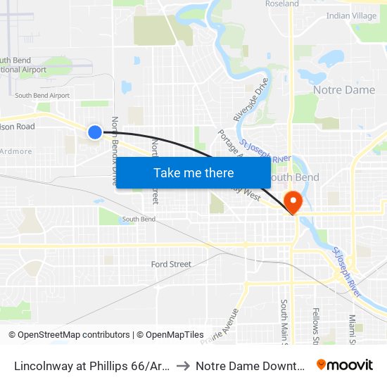 Lincolnway at Phillips 66/Arby's to Notre Dame Downtown map