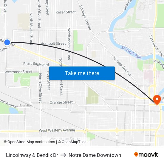 Lincolnway & Bendix Dr to Notre Dame Downtown map
