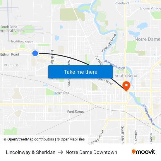 Lincolnway & Sheridan to Notre Dame Downtown map