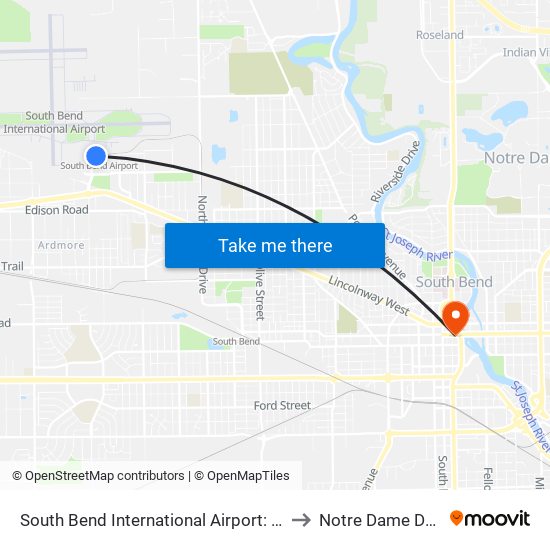 South Bend International Airport: South Shore Line to Notre Dame Downtown map