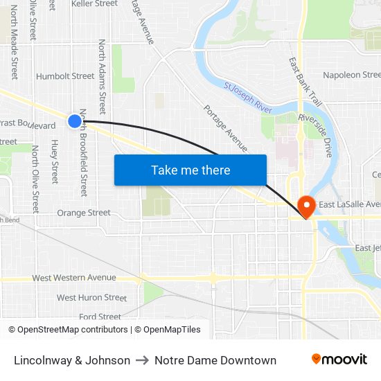 Lincolnway & Johnson to Notre Dame Downtown map