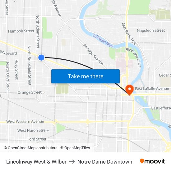 Lincolnway West & Wilber to Notre Dame Downtown map