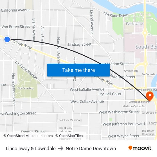 Lincolnway & Lawndale to Notre Dame Downtown map