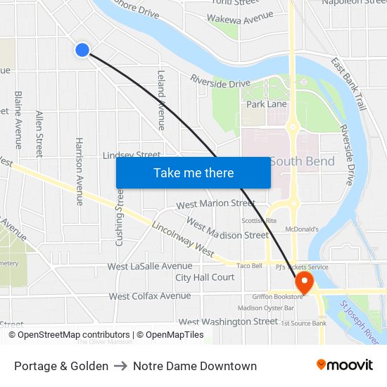 Portage & Golden to Notre Dame Downtown map