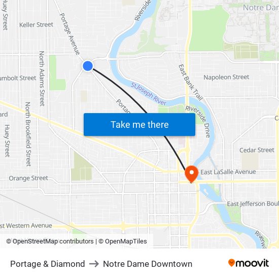 Portage & Diamond to Notre Dame Downtown map