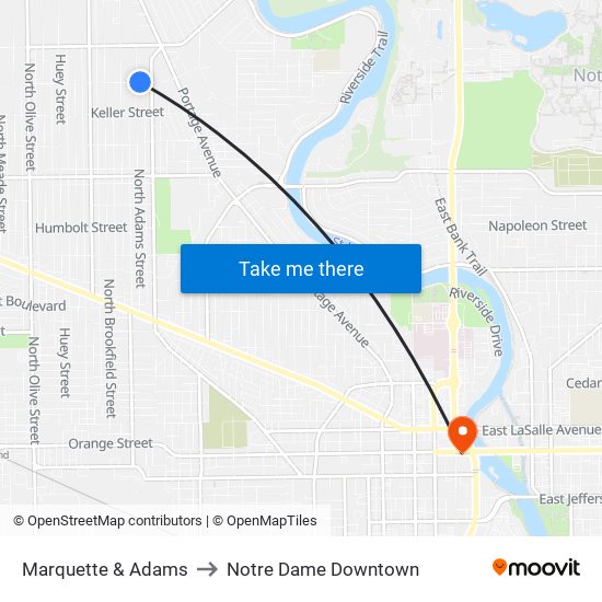 Marquette & Adams to Notre Dame Downtown map