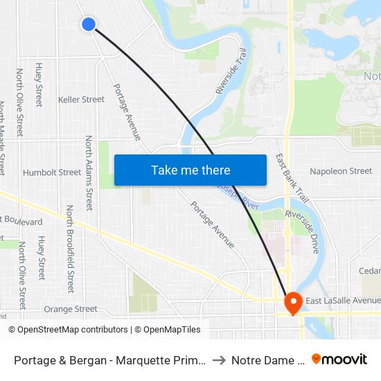 Portage & Bergan - Marquette Primary Montessori Academy to Notre Dame Downtown map