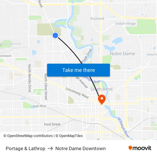 Portage & Lathrop to Notre Dame Downtown map