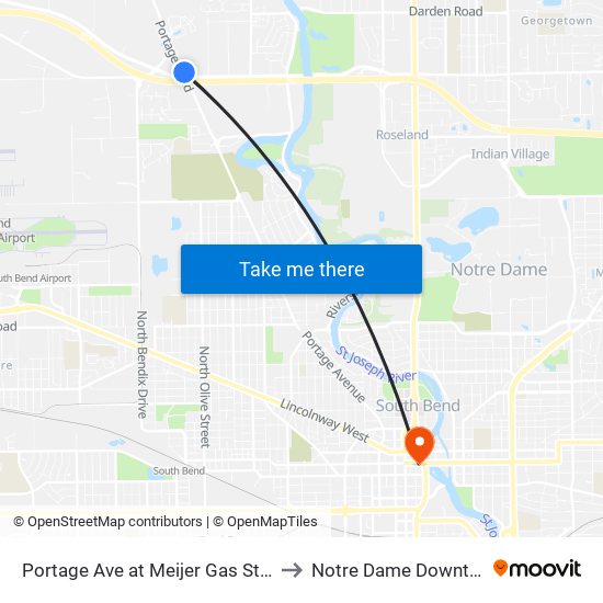 Portage Ave at Meijer Gas Station to Notre Dame Downtown map