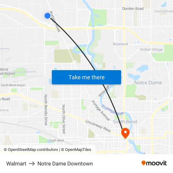 Walmart to Notre Dame Downtown map