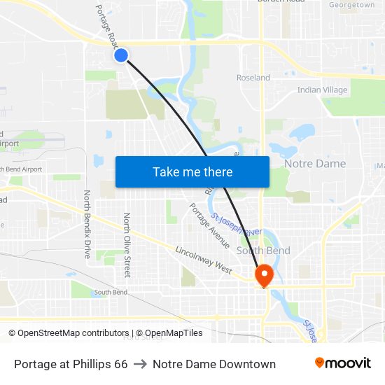 Portage at Phillips 66 to Notre Dame Downtown map