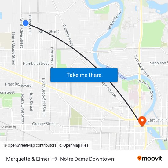 Marquette & Elmer to Notre Dame Downtown map