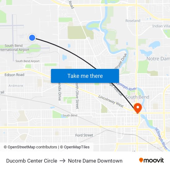 Ducomb Center Circle to Notre Dame Downtown map