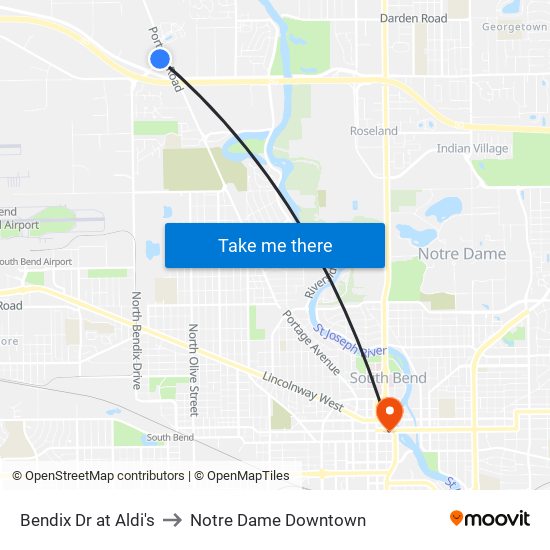 Bendix Dr at Aldi's to Notre Dame Downtown map