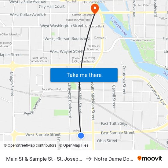 Main St & Sample St - St. Joseph County Jail to Notre Dame Downtown map