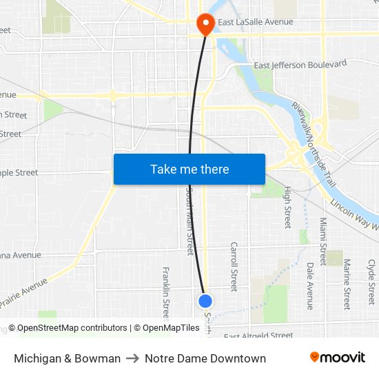 Michigan & Bowman to Notre Dame Downtown map