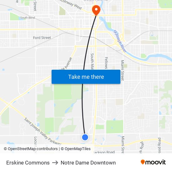 Erskine Commons to Notre Dame Downtown map