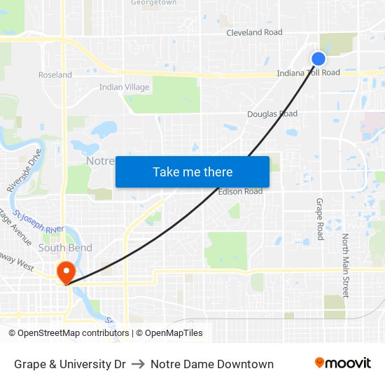 Grape & University Dr to Notre Dame Downtown map