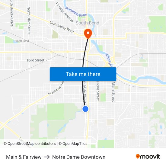 Main & Fairview to Notre Dame Downtown map
