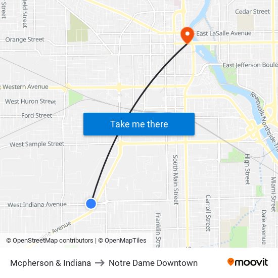 Mcpherson & Indiana to Notre Dame Downtown map