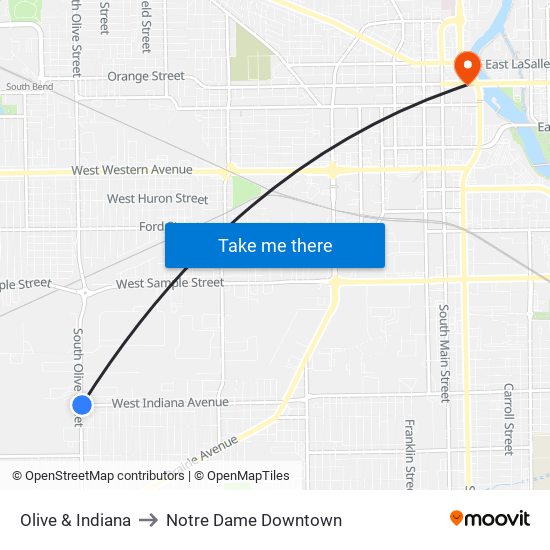 Olive & Indiana to Notre Dame Downtown map