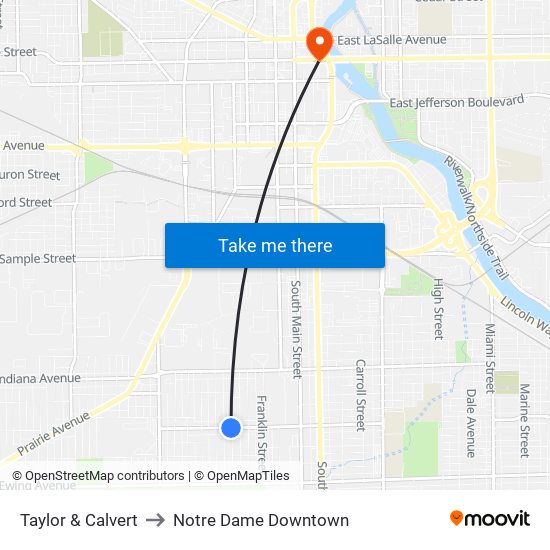 Taylor & Calvert to Notre Dame Downtown map