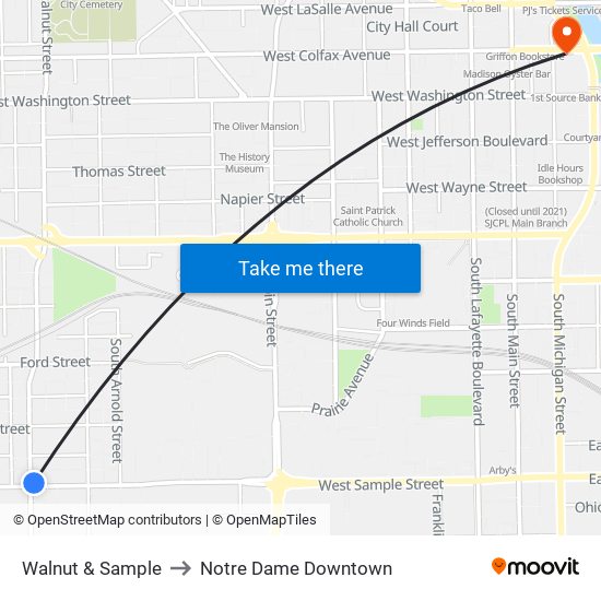 Walnut & Sample to Notre Dame Downtown map