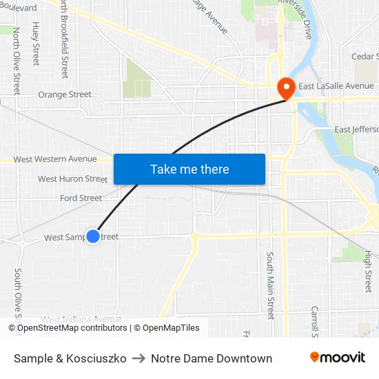 Sample & Kosciuszko to Notre Dame Downtown map