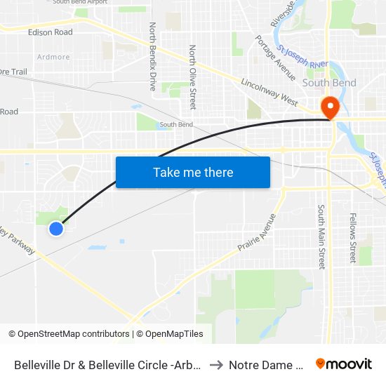 Belleville Dr & Belleville Circle -Arbors at Belleville Apts. to Notre Dame Downtown map